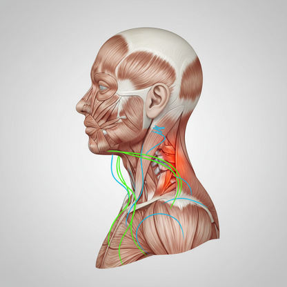 Clean medical anatomical illustration, side view of human neck and shoulder muscles, visible cervical spine (C1–C7), layered muscle structure, highlighted red inflammation areas in trapezius and neck muscles, green and blue therapeutic wave lines indicating EMS / heat therapy penetration, flat neutral background, clinical educational style, not cartoon, not childish, semi-realistic medical illustration, high clarity, high contrast, square 1:1 composition, no circular frame, no text, no labels, no logos